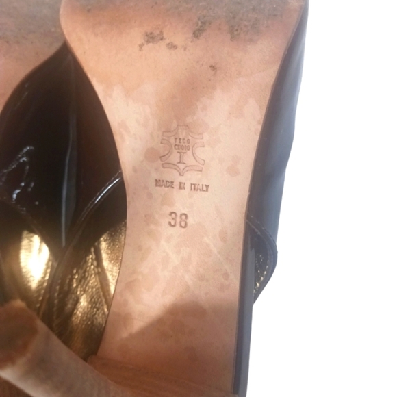 STELE Italian Deep Brown Patent Leather Sling Back Heels open toe Pumps Size 7 - Picture 9 of 10